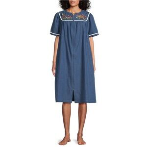 Go Softly M Embroidered Bird & Floral Denim Short Sleeve Zip-Front Patio Dress